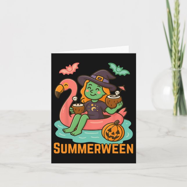 Rolig Summerween Söt Häxa Flytande I Flamingo G Kort (Framsida)