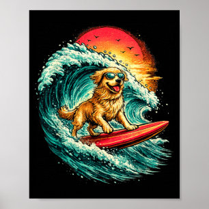 Rolig surfande hund golden retriever strand vågor poster