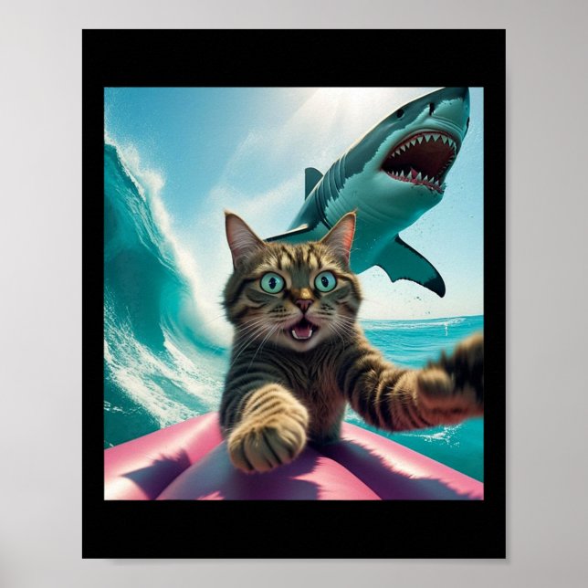 Rolig Surfande Katt Selfie Med Haj Meme _1  Poster (Framsidan)