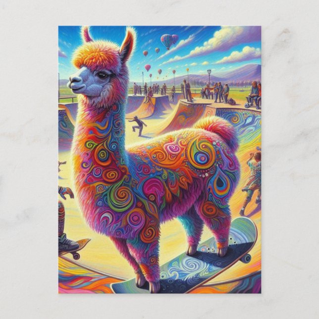 Rolig Surreal Llama Skateboardåkning Vykort (Framsida)