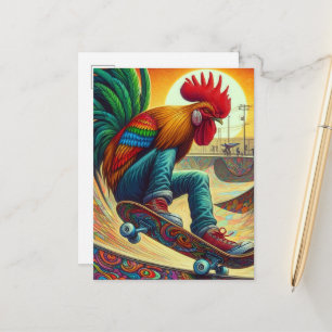Rolig Surreal Skateboardande Tupp Vykort