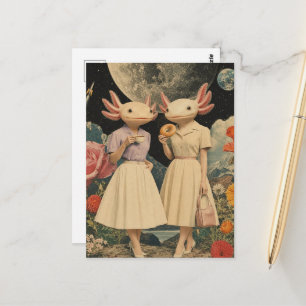 Rolig Surrealistiskt par av axolotl frukost collag Vykort