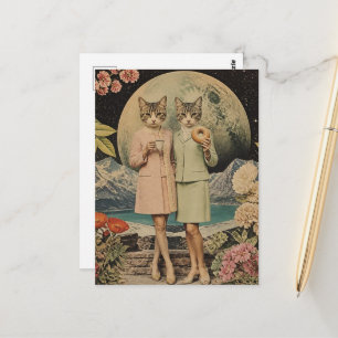 Rolig Surrealistiskt par kattdamer frukost collage Vykort