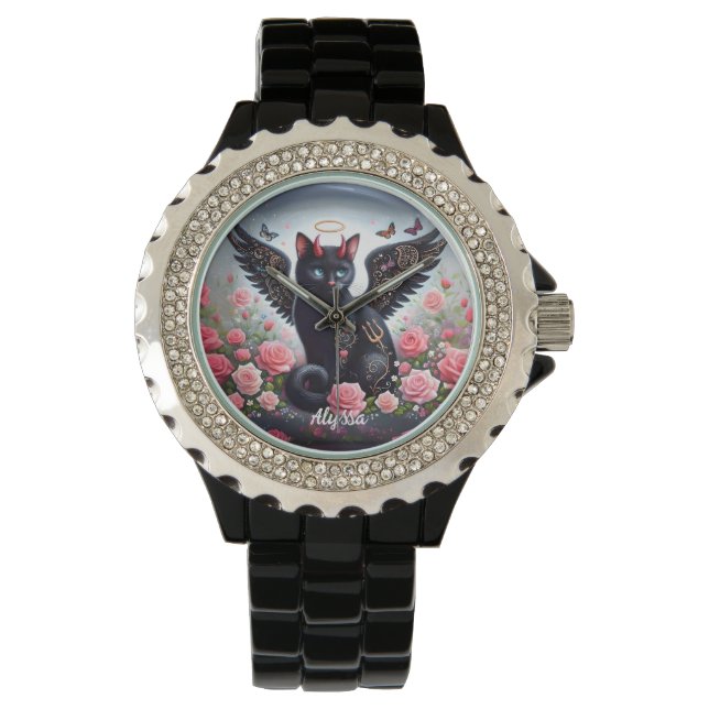 Rolig svart demon och ängelkatt  armbandsur (Framsida)