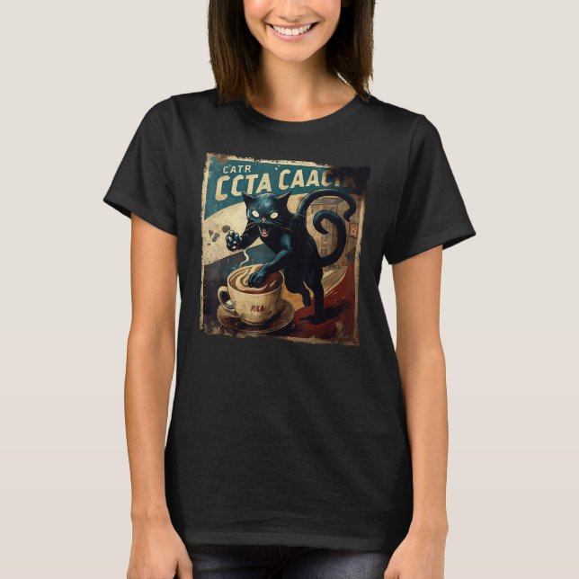 Rolig svart katt attack kaffe t shirt (Framsida)