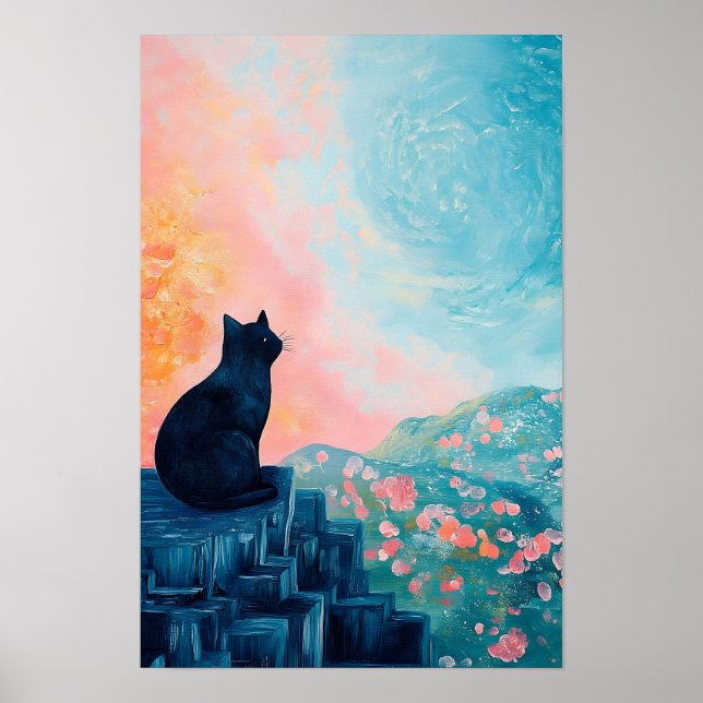 Rolig svart katt banan och blomvas  poster (Framsidan)