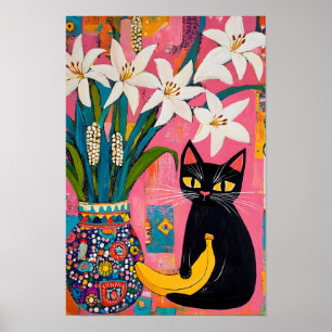 Rolig svart katt Banan och blomvas Poster