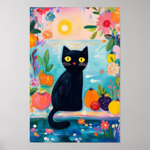 Rolig svart katt Bananskal och blomvas Poster