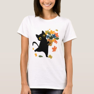rolig svart katt blad fall Hej hösten T Shirt