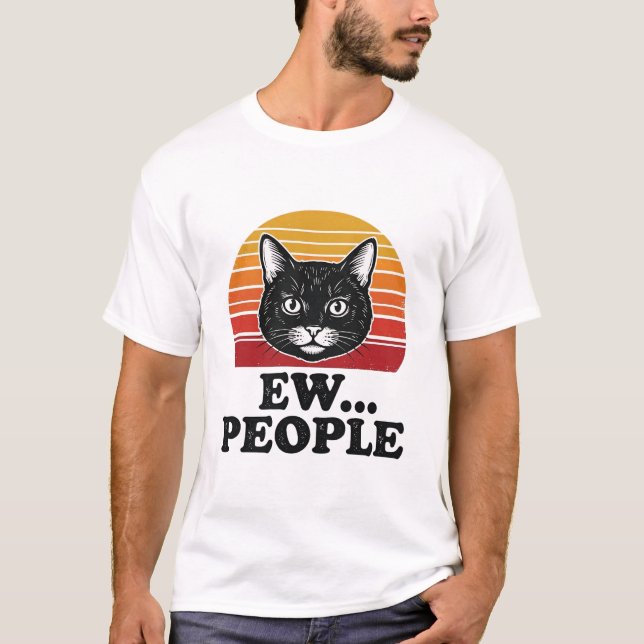 Rolig svart katt Ew människor Retro solnedgång T-s T Shirt (Framsida)