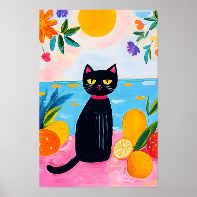 Rolig svart katt färsk frukt och hav poster (Framsidan)
