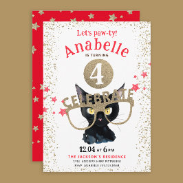 Rolig svart katt guld glitter röda stjärnor akvare inbjudningar