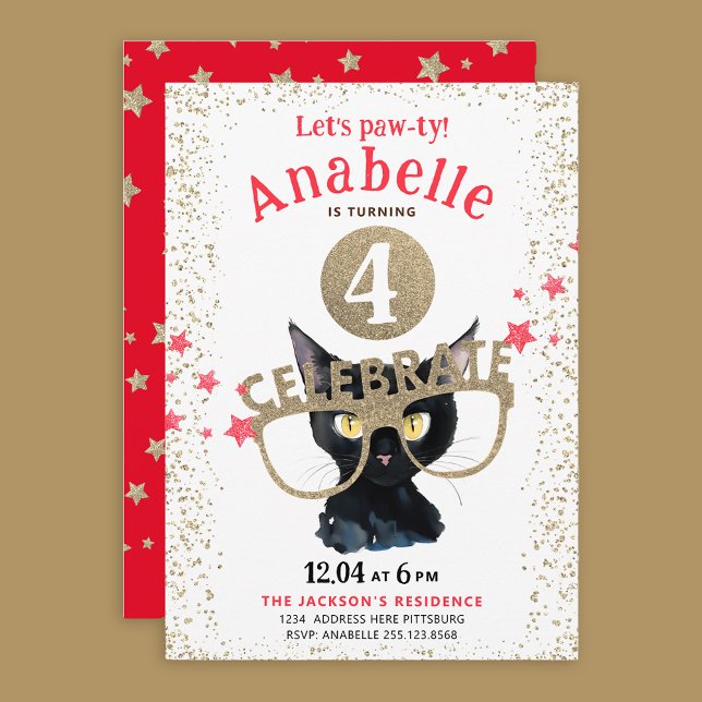 Rolig svart katt guld glitter röda stjärnor akvare inbjudningar (Skapare uppladdad)
