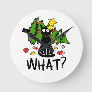 Rolig svart katt julgran Merry Santa humor C Rund Klocka