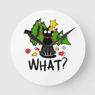 Rolig svart katt julgran Merry Santa humor C Rund Klocka