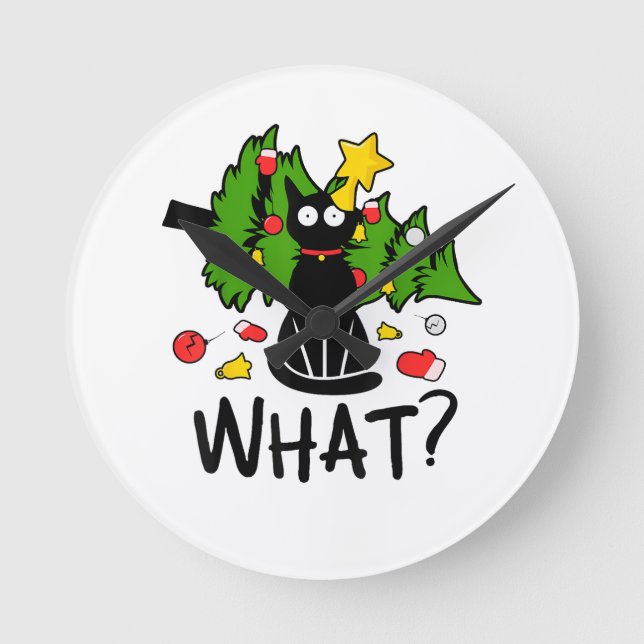 Rolig svart katt julgran Merry Santa humor C Rund Klocka (Framsida)