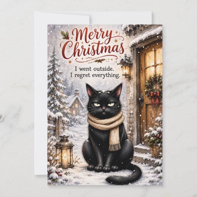 Rolig svart katt julkort – Sarksatisk vinter  (Framsida)