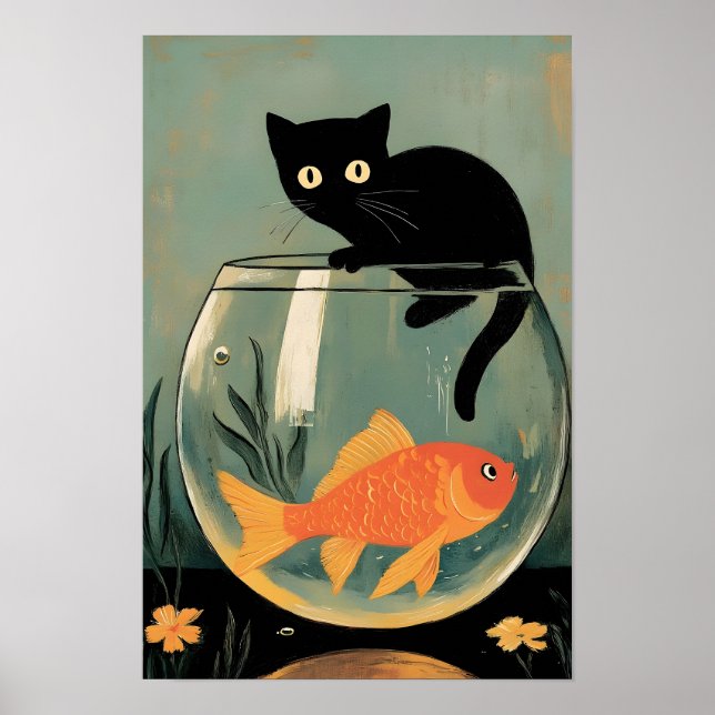 Rolig svart katt med fisk poster (Framsidan)