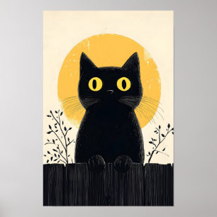 Rolig svart katt med fullmåne poster
