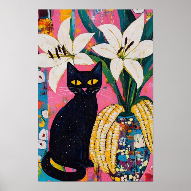 Rolig svart katt och blomvas  poster (Framsidan)