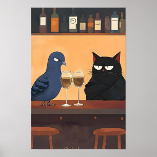 Rolig svart katt och fågel poster