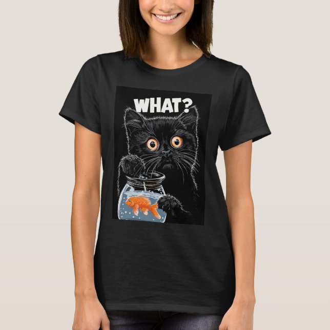 Rolig svart katt och guldfisk t shirt (Framsida)