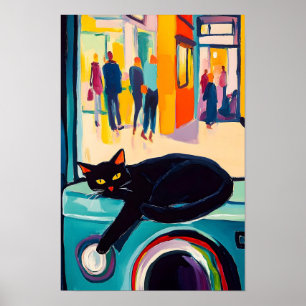 Rolig svart katt och tvättmaskin poster