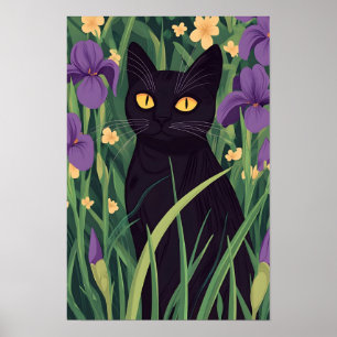 Rolig svart katt och vacker blomma poster