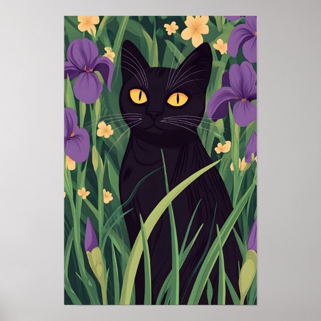 Rolig svart katt och vacker blomma  poster (Framsidan)