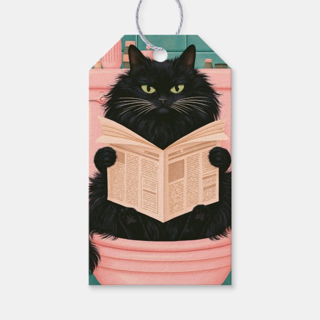 Rolig svart katt på toaletten  presentetikett (Framsidan)