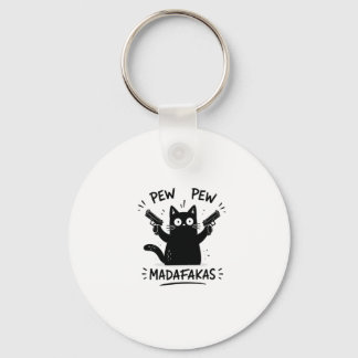 Rolig svart katt Pew Pew-design Nyckelring
