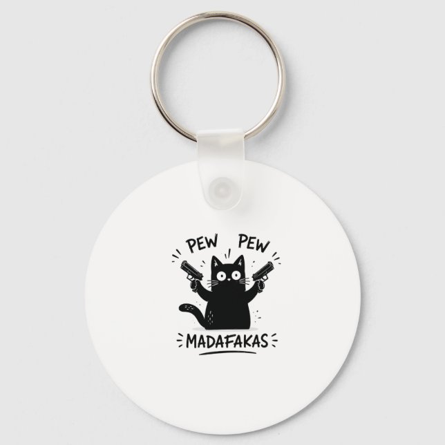Rolig svart katt Pew Pew-design Nyckelring (Framsida)