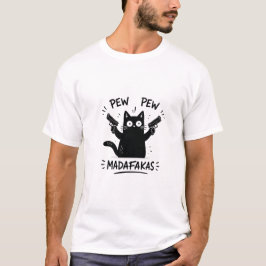 Rolig svart katt Pew Pew-design T Shirt