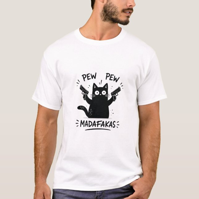 Rolig svart katt Pew Pew-design T Shirt (Framsida)