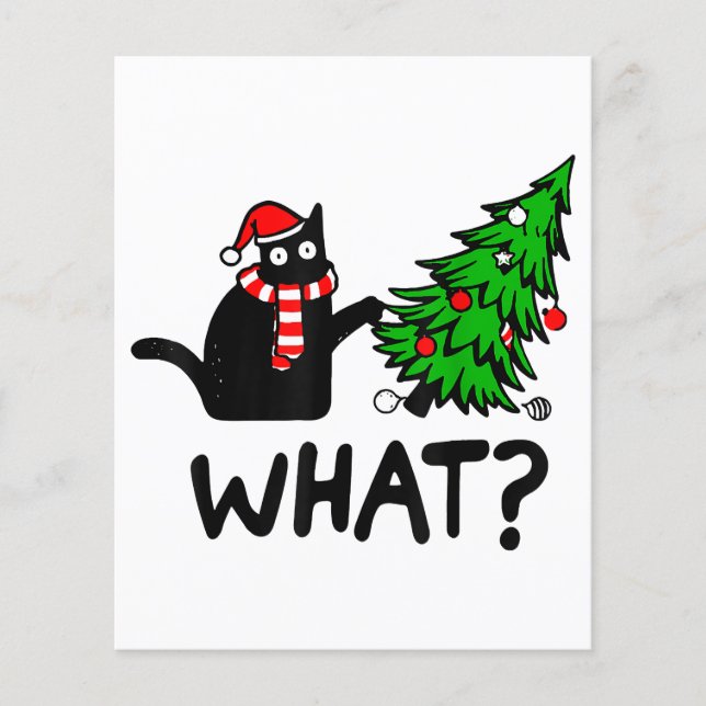 Rolig svart katt present som knuffar julgran över  (Framsida)