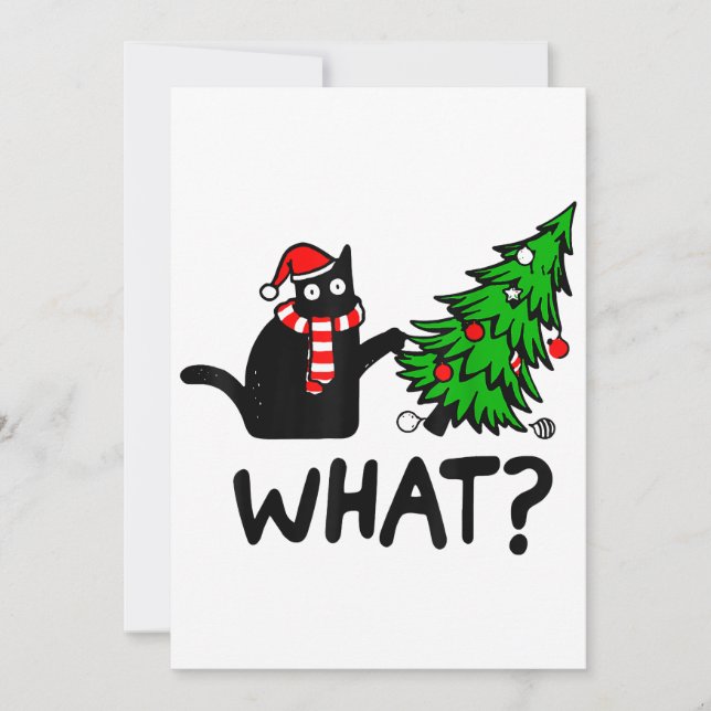 Rolig svart katt present som knuffar julgran över  inbjudningar (Framsida)