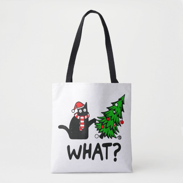 Rolig svart katt present som knuffar julgran över  tygkasse (Framsida)