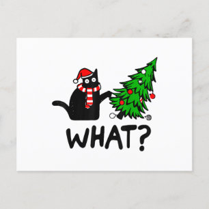 Rolig svart katt present som knuffar julgranen C Helg Vykort