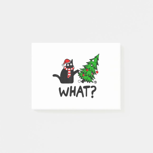 Rolig svart katt present som knuffar julgranen C Post-it Block (Framsida)