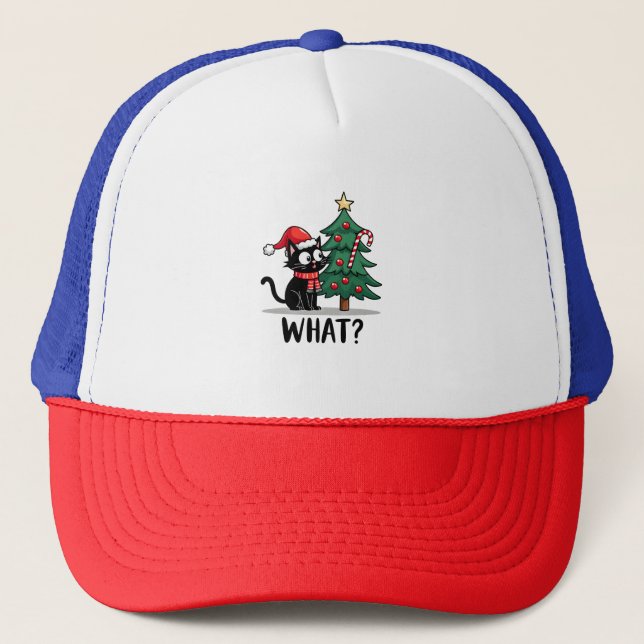 Rolig svart katt present som knuffar omkull julgra keps (Framsida)