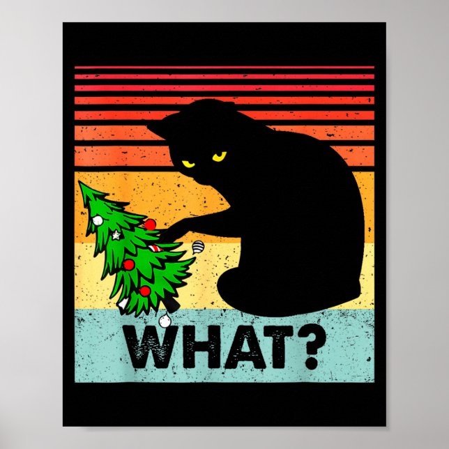 Rolig svart katt present som knuffar omkull julgra poster (Framsidan)