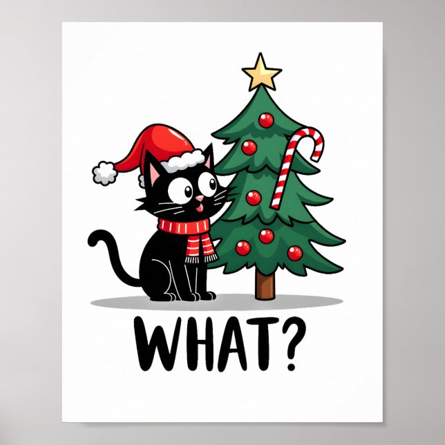 Rolig svart katt present som knuffar omkull julgra poster (Framsidan)