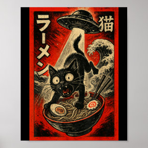Rolig svart katt Ramen Alien Ufo Bortförande Japan Poster