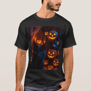 Rolig svart katt selfie med Jack O Lantern-pumpa T Shirt