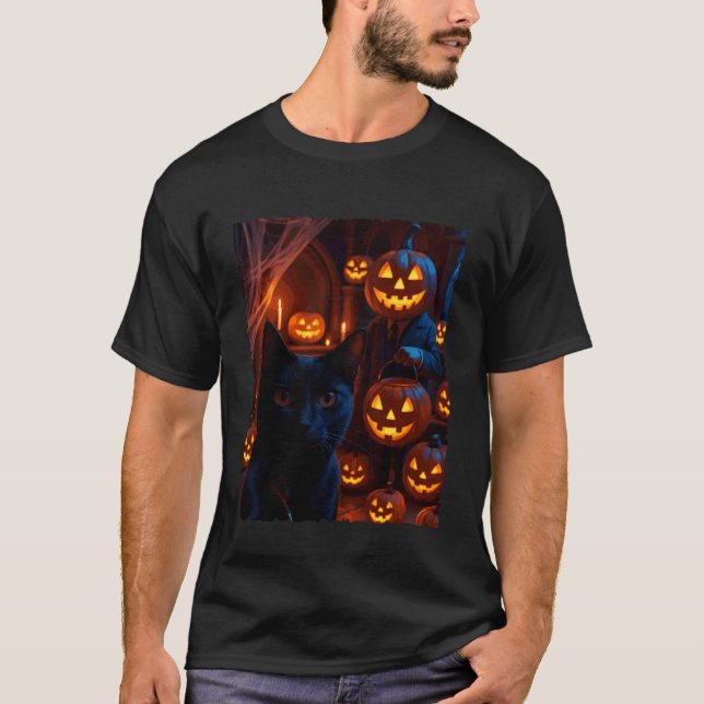 Rolig svart katt selfie med Jack O Lantern-pumpa T Shirt (Framsida)