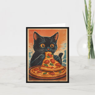 Rolig svart katt som äter pizza retro japanska kort
