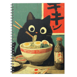 Rolig svart katt som äter Ramen Anteckningsbok