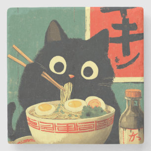 Rolig svart katt som äter Ramen Stenunderlägg