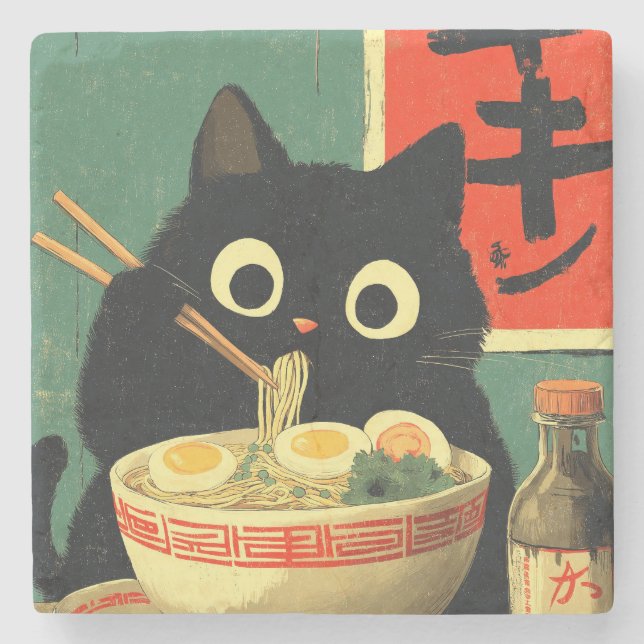 Rolig svart katt som äter Ramen Stenunderlägg (Framsidan)