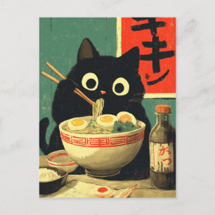 Rolig svart katt som äter Ramen Vykort